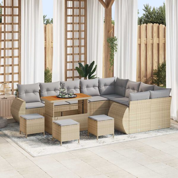 vidaXL Gar&eth;s&oacute;fa sett me&eth; p&uacute;&eth;i 13 pcs Beige og lj&oacute;sgr&aacute;r Poly Rattan