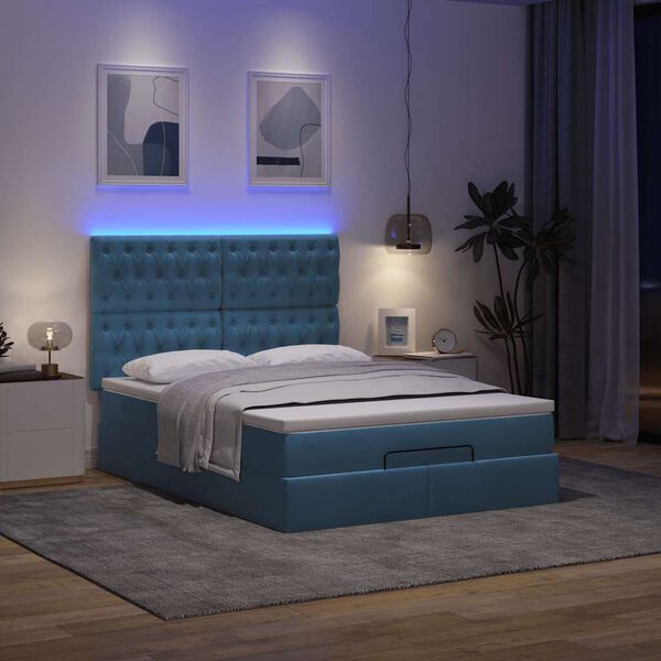 vidaXL Ottoman rúm með dýnum & LED dökkblátt 140x190cm flauel