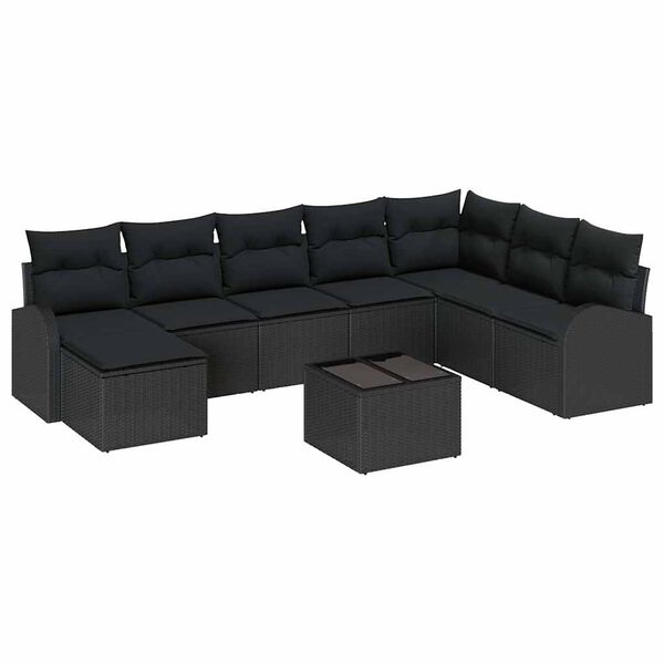 vidaXL Garðsófa sett með púði 9 pcs Svartur Poly rattan