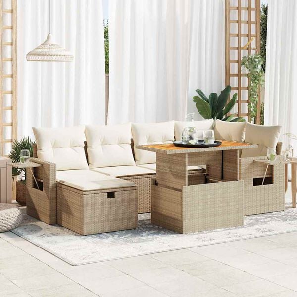 vidaXL 8 stykki gar&eth;s&oacute;fasett me&eth; p&uacute;&eth;um Beige Poly Rattan Acacia