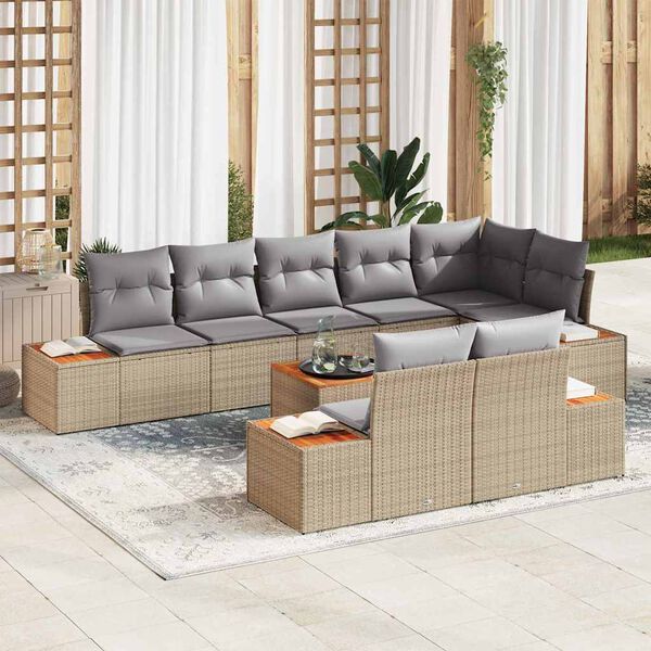 vidaXL Gar&eth;s&oacute;fa sett me&eth; p&uacute;&eth;i 8 pcs Beige og lj&oacute;sgr&aacute;r P&oacute;l&yacute;rattan