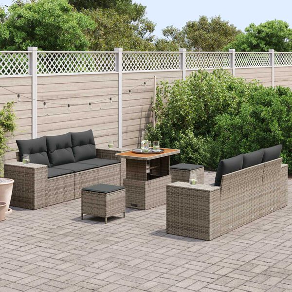 vidaXL Gar&eth;s&oacute;fa sett me&eth; p&uacute;&eth;i me&eth; geymslu 9 pcs Gr&aacute;r Poly Rattan
