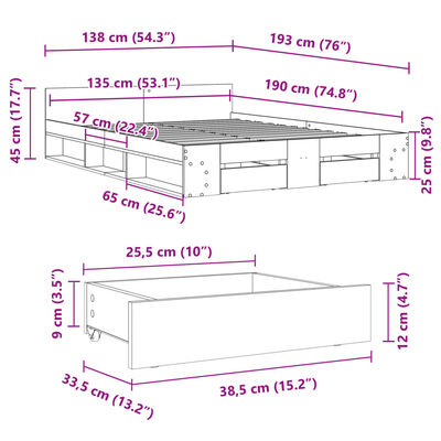 vidaXL Rúmgrind með Skúffum án Dýnu Sonoma Eikarlitur 135x190 cm