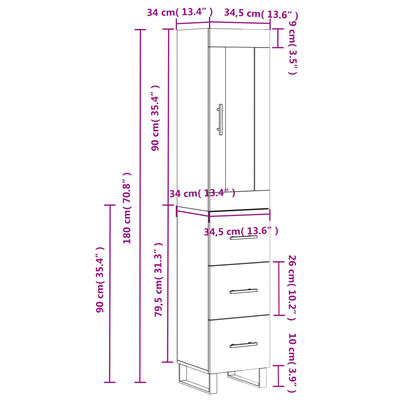 vidaXL Hár Skápur Grár Sonoma 34,5x34x180 cm Samsettur Viður