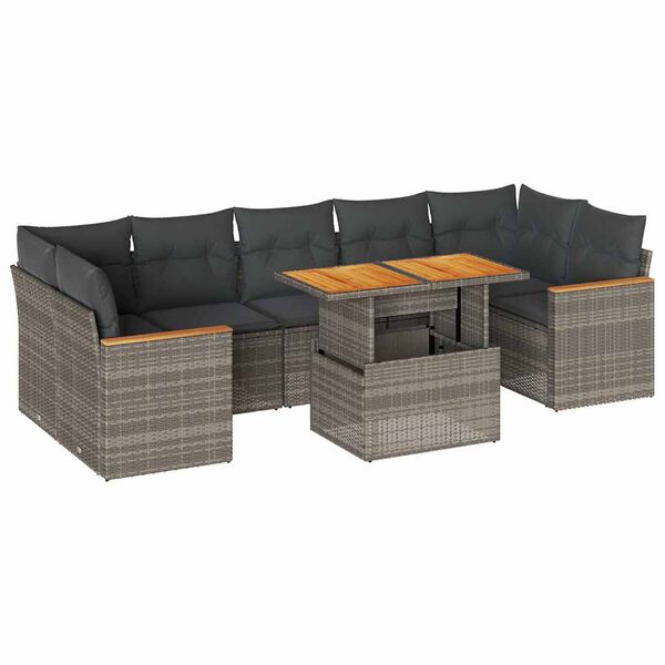 vidaXL 8 stykki garðsófasett með púðum Grey Poly Rattan Acacia