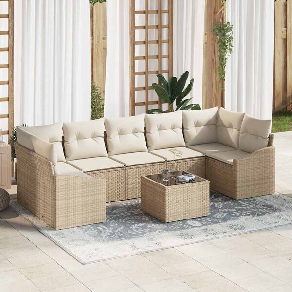vidaXL S&oacute;fasett me&eth; p&uacute;&eth;i me&eth; geymslu 8 pcs Beige og krem p&oacute;l&yacute;rattan