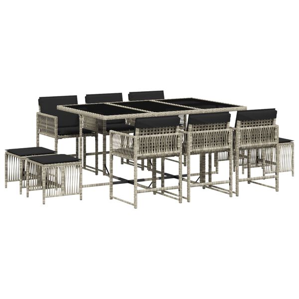 vidaXL 11 Hluta Gar&eth;bor&eth;stofusetti&eth; me&eth; P&uacute;&eth;um Lj&oacute;sgr&aacute;r P&oacute;l&yacute;rattan