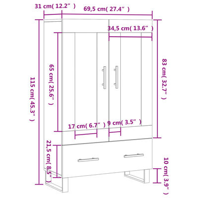 vidaXL Hár Skápur Steypugrár 69,5x31x115 cm Samsettur Viður