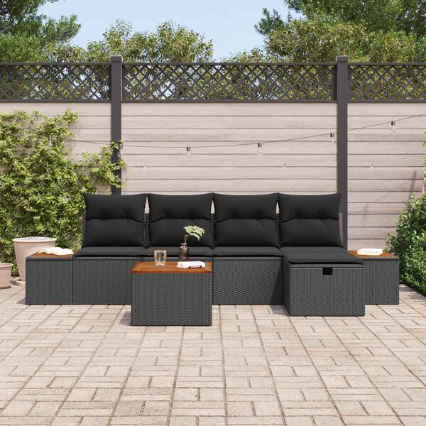 vidaXL Gar&eth;s&oacute;fa sett me&eth; kodda 6 pcs Svartur Poly rattan