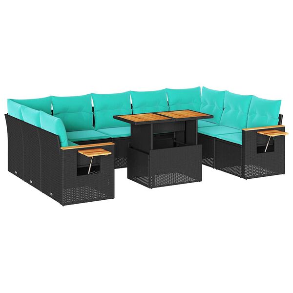 vidaXL 10 bita gar&eth;s&oacute;fasett me&eth; p&uacute;&eth;um Black Poly Rattan Acacia