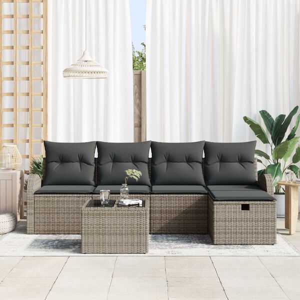 vidaXL Gar&eth;s&oacute;fa sett me&eth; p&uacute;&eth;i me&eth; geymslu 6 pcs Gr&aacute;r Poly rattan