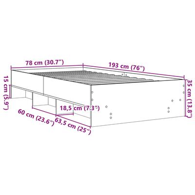 vidaXL Rúmgrind Reyktóna Eikarlitur 75x190 cm Samsettur Viður