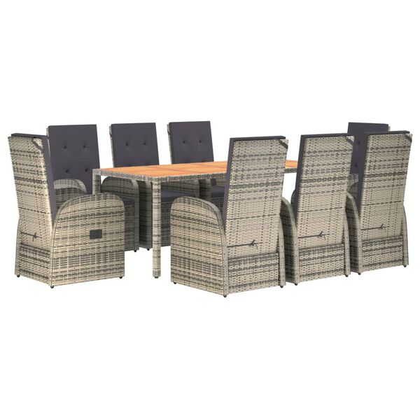 vidaXL 9 Hluta Gar&eth;bor&eth;stofusett Gr&aacute;r P&oacute;l&yacute;rattan&Gegnheill Akas&iacute;uvi&eth;ur