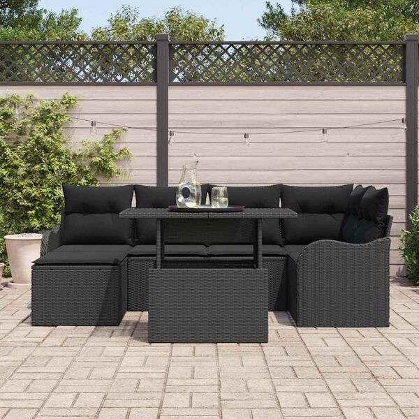 vidaXL Garðsófa sett með púði 7 pcs Svartur Poly rattan