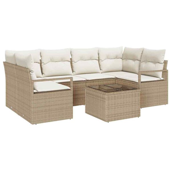 vidaXL Gar&eth;s&oacute;fa sett 7 pcs Beige og krem P&oacute;l&yacute;rattan, St&aacute;l og Gler