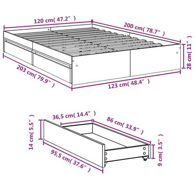 vidaXL Rúmgrind með Skúffum án Dýnu Gráir Sonoma Eik 120x200 cm