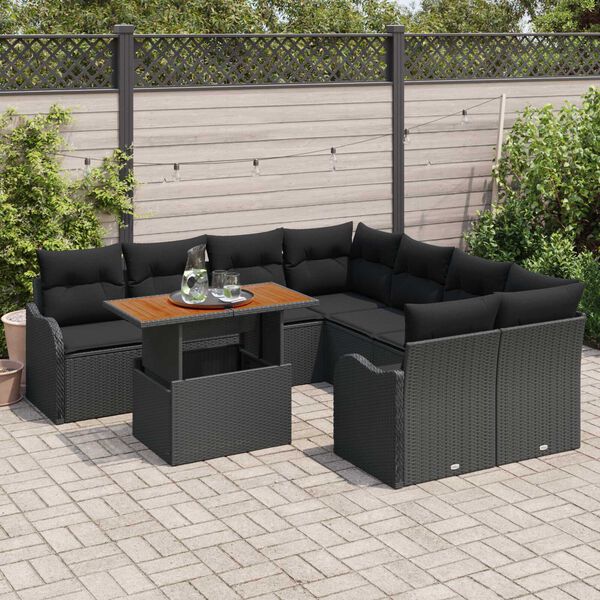 vidaXL Gar&eth;s&oacute;fa sett me&eth; geymslu 9 pcs Svartur Poly rattan
