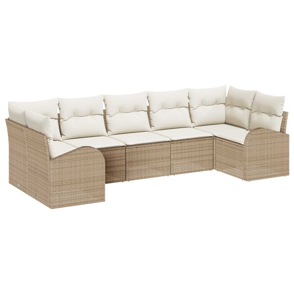 vidaXL Gar&eth;s&oacute;fa sett me&eth; p&uacute;&eth;i 7 pcs Beige og Hv&iacute;tt p&oacute;l&yacute;rattan