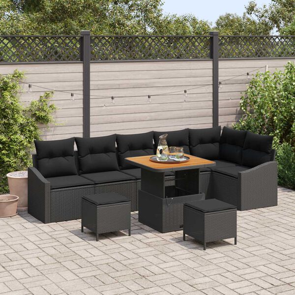 vidaXL Gar&eth;s&oacute;fa sett me&eth; p&uacute;&eth;i 9 pcs Svartur Poly rattan