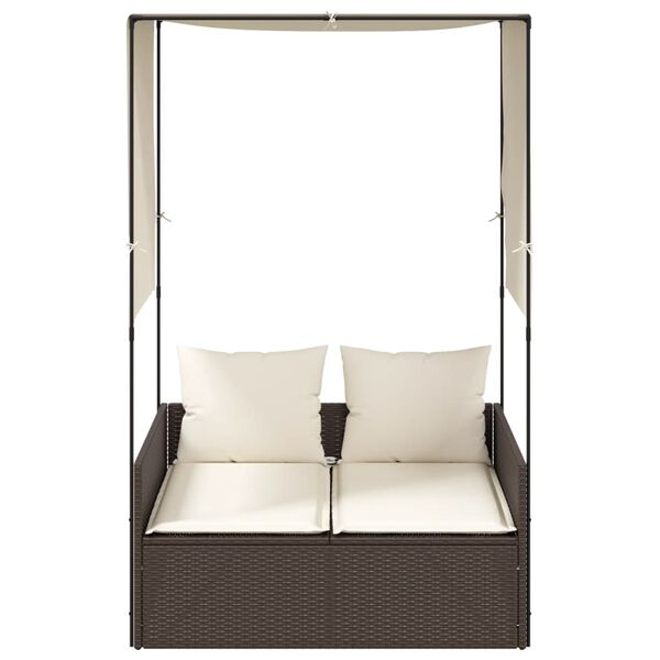 vidaXL Tvöfaldur Sólbekkur með Skyggni og Tjöldum Brúnn Pólýrattan