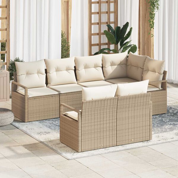 vidaXL Garðsófa sett með púði 7 pcs Beige og Hvítt pólýrattan