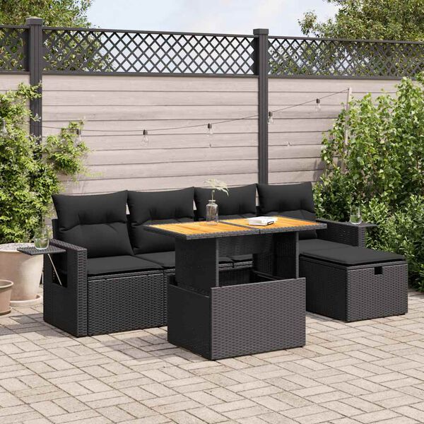 vidaXL 6 stykki gar&eth;s&oacute;fasett me&eth; p&uacute;&eth;um Black Poly Rattan Acacia