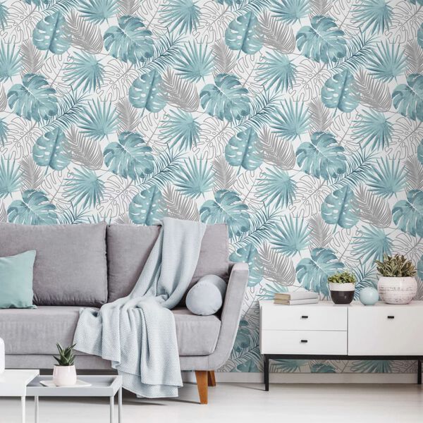 DUTCH WALLCOVERINGS Veggfóður Monstera Lauf Blátt