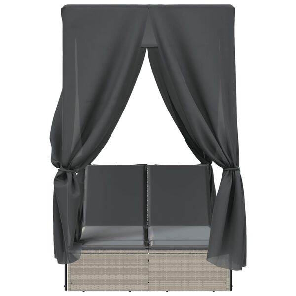 vidaXL Tvöfaldur Sólbekkur með Skyggni og Tjöldum Ljósgrár Pólýrattan