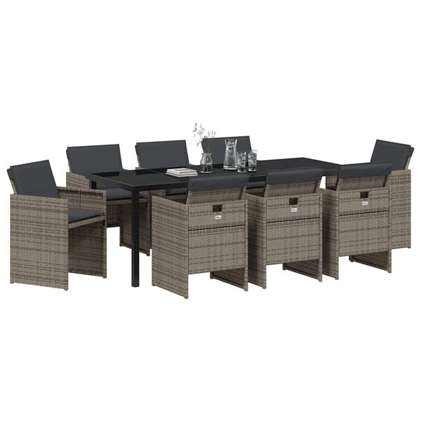 vidaXL Gar&eth;ur bor&eth;sett 9 pcs Gr&aacute;r p&oacute;l&yacute;rattan