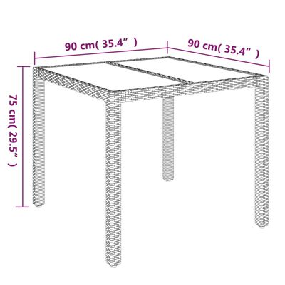 vidaXL Garðborð með Glerplötu Grátt 90x90x75 cm Pólýrattan