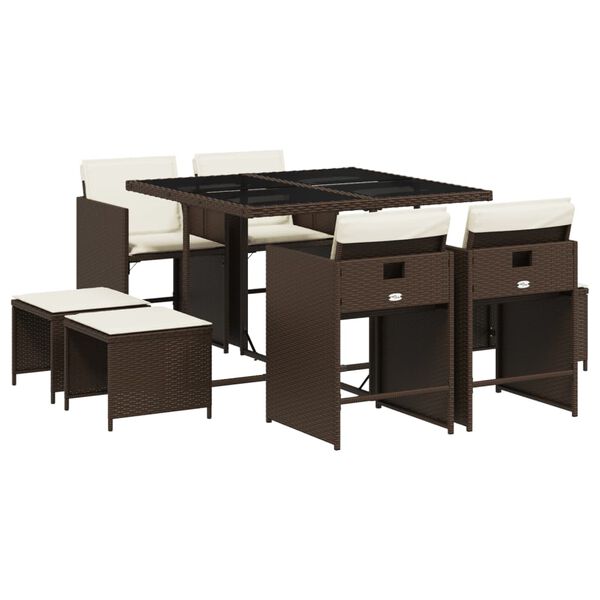 vidaXL 9 Parta Gar&eth;bor&eth;sett me&eth; Sessum Br&uacute;nt P&oacute;l&yacute;rattan