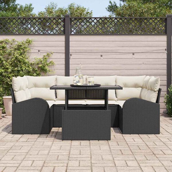 vidaXL Gar&eth;s&oacute;fa sett me&eth; p&uacute;&eth;i me&eth; geymslu 7 pcs Svartur Poly Rattan