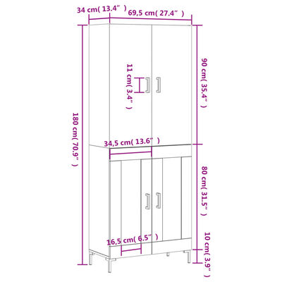 vidaXL Hár Skápur Svartur 69,5x34x180 cm Samsettur Viður