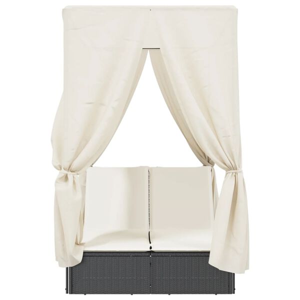 vidaXL Tvöfaldur Sólbekkur með Skyggni og Tjöldum Svart Pólýrattan