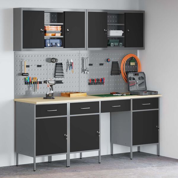 vidaXL Vinnusk&aacute;pur me&eth; sk&uacute;ffu 10 pcs Svartur Vinnslutr&eacute; og st&aacute;li