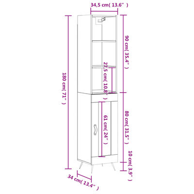 vidaXL Skenkur hvítt 34,5x34x180 cm Samsettur Viður