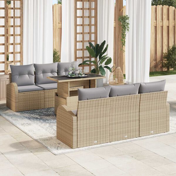 vidaXL Gar&eth;s&oacute;fa sett me&eth; p&uacute;&eth;i me&eth; kodda 7 pcs Drapplita&eth;ur Poly Rattan