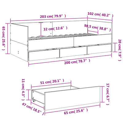 vidaXL Svefnbekkur með Skúffum án Dýnu Gráir Sonoma Eik 100x200 cm