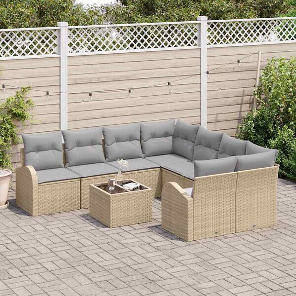 vidaXL S&oacute;fasett me&eth; p&uacute;&eth;i me&eth; geymslu 9 pcs Beige og Gr&aacute;tt p&oacute;l&yacute;rattan