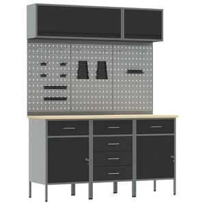 vidaXL Vinnusk&aacute;paset 8 pcs Svartur Pulverlita&eth;ur st&aacute;l og hanna&eth; tr&eacute;