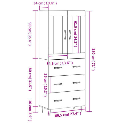 vidaXL Hár Skápur Grár Sonoma 69,5x34x180 cm Samsettur Viður