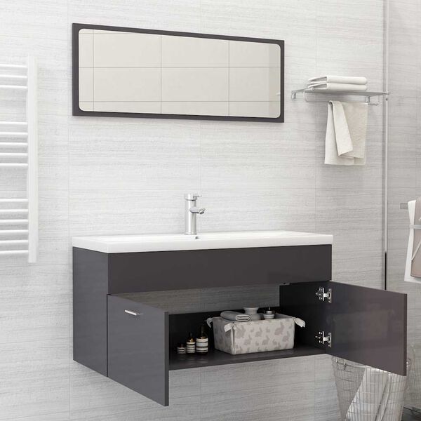 804817 vidaXL 2 Piece Bathroom Furniture Set High Gloss Grey Chipboard