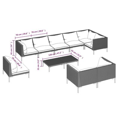 vidaXL 10 Hluta Garðsófasett með Púðum Pólýrattan Dökkgrár