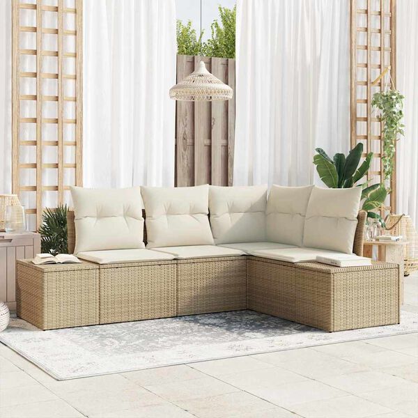 vidaXL Garðsófa sett með geymslu 4 pcs Beige og krem pólýrattan