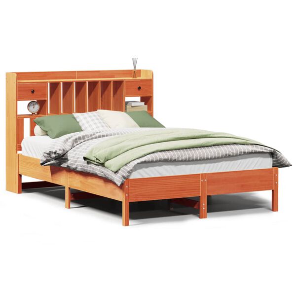 vidaXL Rúmgrind með Bókahillu án Dýnu Vaxbrúnn 150x200cm Gegnheil Fura