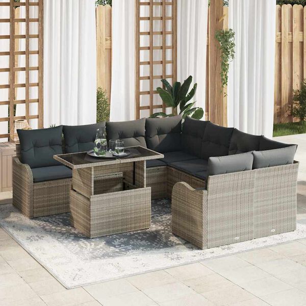 vidaXL Gar&eth;s&oacute;fa sett me&eth; p&uacute;&eth;i 9 pcs Lj&oacute;sgr&aacute;tt Poly rattan