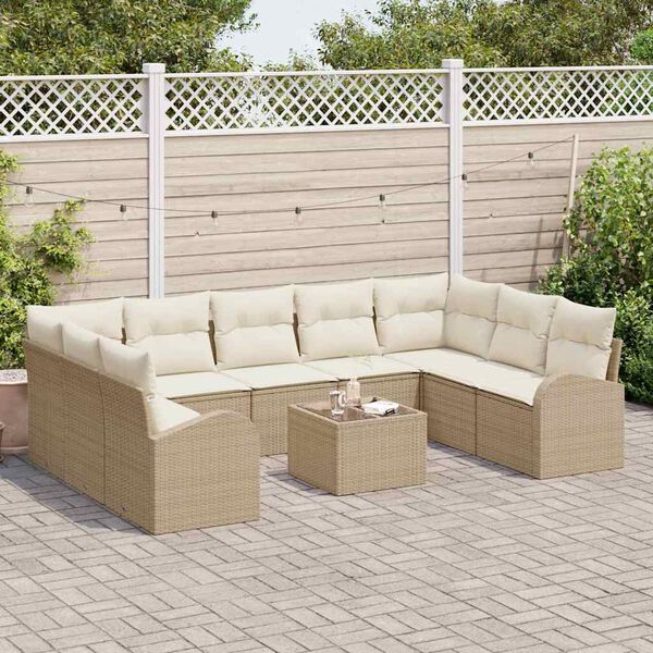 vidaXL Gar&eth;s&oacute;fa sett me&eth; p&uacute;&eth;i 10 pcs Beige og Hv&iacute;tt p&oacute;l&yacute;rattan