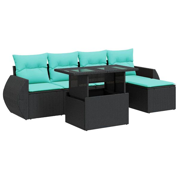 vidaXL 6 stykki gar&eth;s&oacute;fasett me&eth; p&uacute;&eth;um Black Poly Rattan Acacia