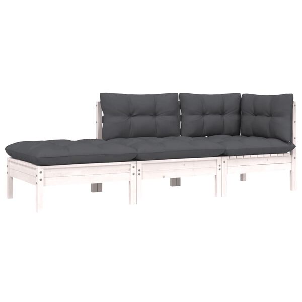 vidaXL 3 Parta Garðsófasett með Sessum Hvítur Gegnheill Furuviður