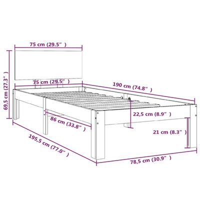 vidaXL Rúmgrind Hvít Gegnheill Viður 75x190 cm Lítil Einbreið